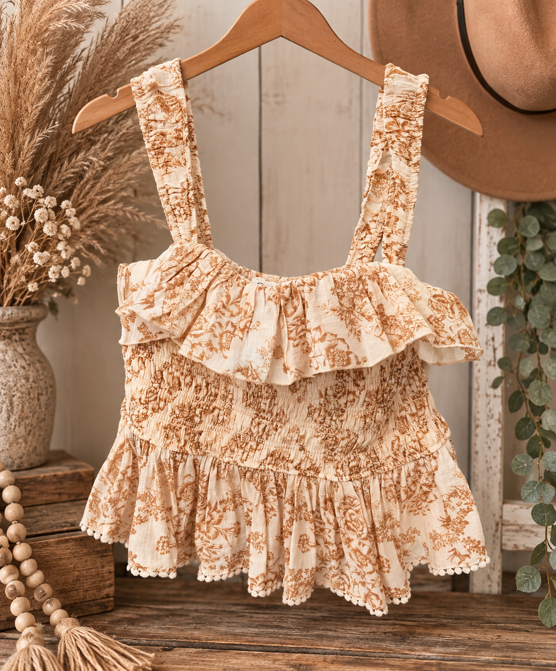 Cream & Caramel Floral Smocked Ruffle Top